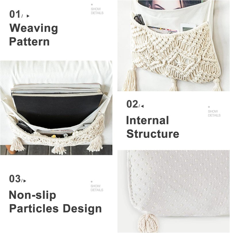 Mkono Macrame Sofa Armrest Organizer Remote Control Holder Couch Bedside Armchair Caddy Storage Basket Bag for TV Remote Control, Magazine, Books, Cell Phone, iPad, Boho Home Dorm Decor, Beige Indoor outdoor use - Image 4