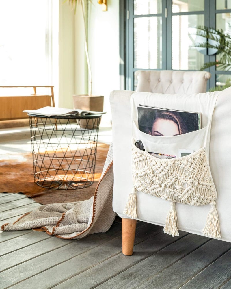 Mkono Macrame Sofa Armrest Organizer Remote Control Holder Couch Bedside Armchair Caddy Storage Basket Bag for TV Remote Control, Magazine, Books, Cell Phone, iPad, Boho Home Dorm Decor, Beige Indoor outdoor use - Image 2
