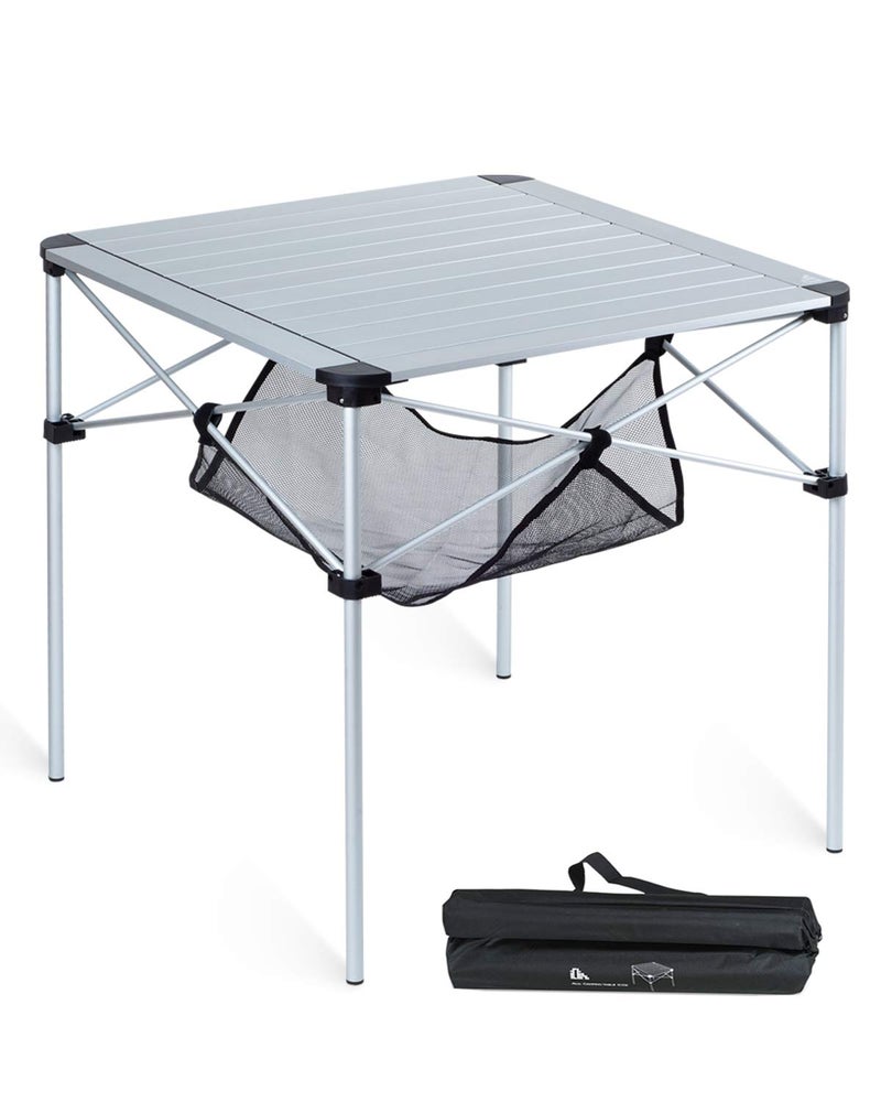 iClimb Lightweight Stable Alu Folding Square Table Roll Up Top with Carry Bag for Camping Picnic Backyards BBQ Camp Kitchen Silver L