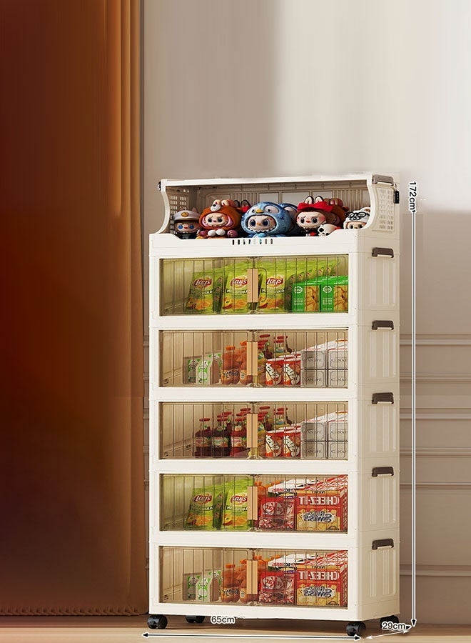 CozyNest 5-Tier Foldable Mobile Storage Cabinet, 65cm Wide Transparent Door Organizer, Rolling Snack Storage Rack for Living Room & Bedroom - Image 1