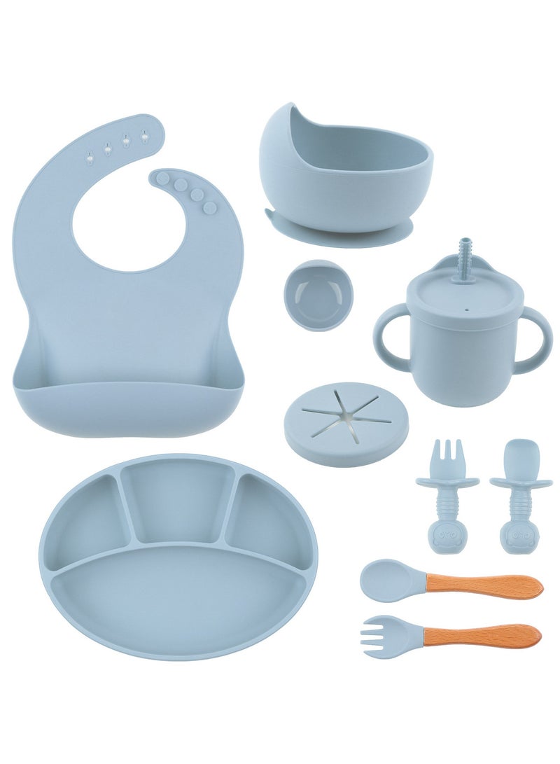 loyal Baby Feeding Set, 9Pcs Silicone Baby Tableware Set with Suction Bowl, Divided Plate, Spoon and Fork Adjustable Bib Food Grade, Baby Weaning Set - Image 1