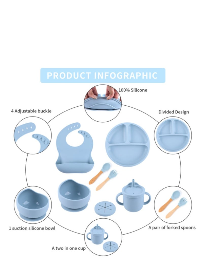 loyal Baby Feeding Set, 9Pcs Silicone Baby Tableware Set with Suction Bowl, Divided Plate, Spoon and Fork Adjustable Bib Food Grade, Baby Weaning Set - Image 4