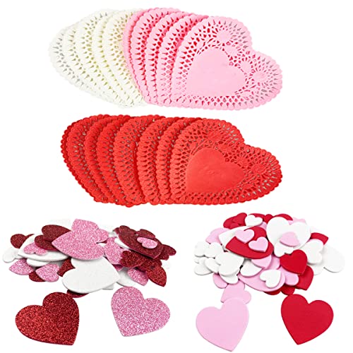 QINGQIU Valentines Day Crafts Set with 100 Heart Doilies 4 Bags Foam Heart Stickers for Valentines Day Decor Kids Decoration Gifts Party Supplies - Image 1