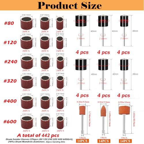 Sunxeke 442 Pieces Sanding Drums Kit for Dremel Rotary Tool,Drum Sander Sleeves 376pcs (80 120 240 320 400 600Grit),24Pcs Drum Mandrels and 42 Sanding Bits,Sanding Bits Tool Accessories with Box - Image 2