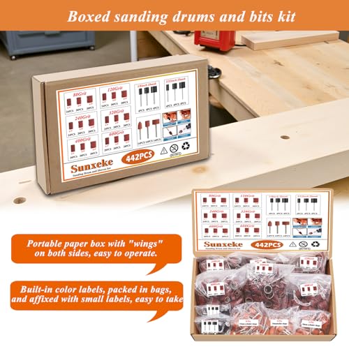 Sunxeke 442 Pieces Sanding Drums Kit for Dremel Rotary Tool,Drum Sander Sleeves 376pcs (80 120 240 320 400 600Grit),24Pcs Drum Mandrels and 42 Sanding Bits,Sanding Bits Tool Accessories with Box - Image 3