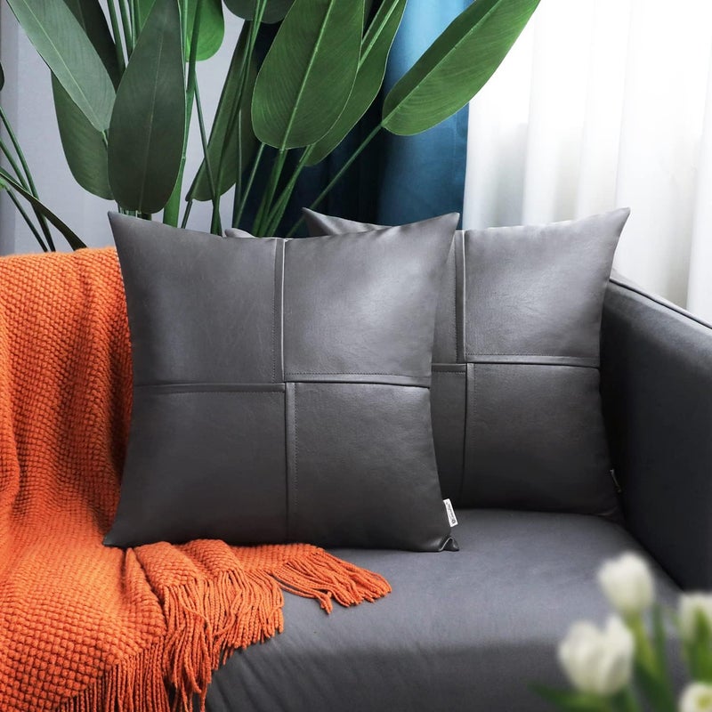 BRAWARM Faux Leather Throw Pillow Covers 20 X 20 Inches, Gray Leather Pillow Covers Pack of 2, Hand Stitched Leather Decorative Throw Pillows for Couch Sofa Bed Living Room Home Garden - Image 2