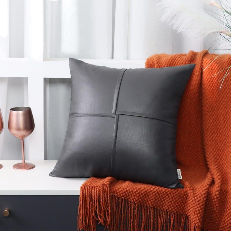 BRAWARM Faux Leather Throw Pillow Covers 20 X 20 Inches, Gray Leather Pillow Covers Pack of 2, Hand Stitched Leather Decorative Throw Pillows for Couch Sofa Bed Living Room Home Garden - Image 4
