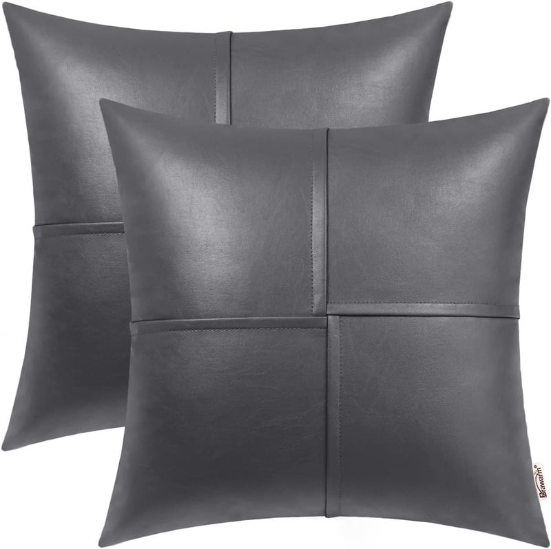 BRAWARM Faux Leather Throw Pillow Covers 20 X 20 Inches, Gray Leather Pillow Covers Pack of 2, Hand Stitched Leather Decorative Throw Pillows for Couch Sofa Bed Living Room Home Garden - Image 1