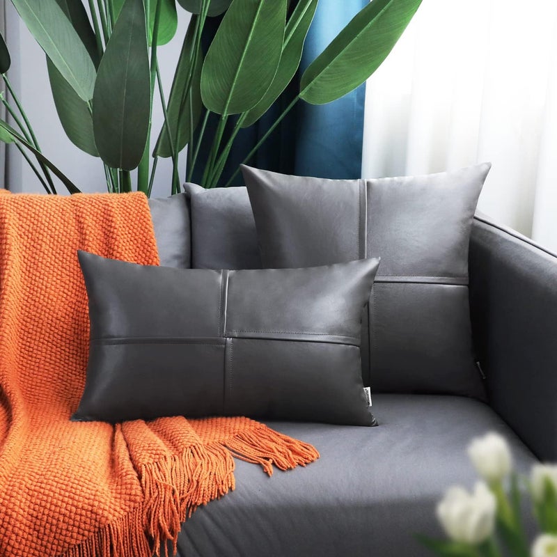 BRAWARM Faux Leather Throw Pillow Covers 20 X 20 Inches, Gray Leather Pillow Covers Pack of 2, Hand Stitched Leather Decorative Throw Pillows for Couch Sofa Bed Living Room Home Garden - Image 3