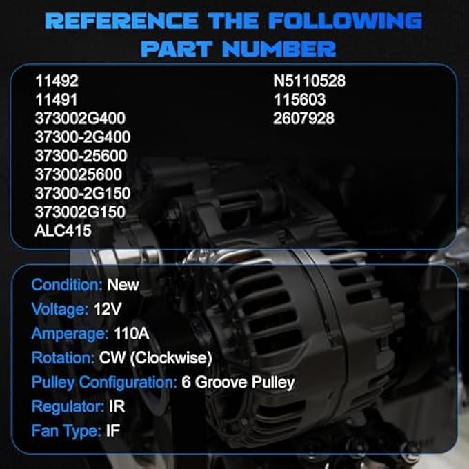 YOMALL Alternator 11492 for Hyundai Sonata 2010-2013 & Tucson 2010-2013 2.4L for Forte 2010-2013 2.0L & Optima/Sportage 2011-2013 2.4L 110A 6PK 37300-2G400 37300-2G150 37300-25600 - Image 3