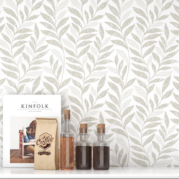 LEAF PEEL AND STICK WALLPAPER BOHO 173 X 788 BEIGE AND WHITE WALLPAPER SELF ADHESIVE REMOVABLE WALL PAPER FOR BATHROOM KITCHEN WALLPAPERS LEAF CONTACT PAPER FOR WALLS VINYL ROLL