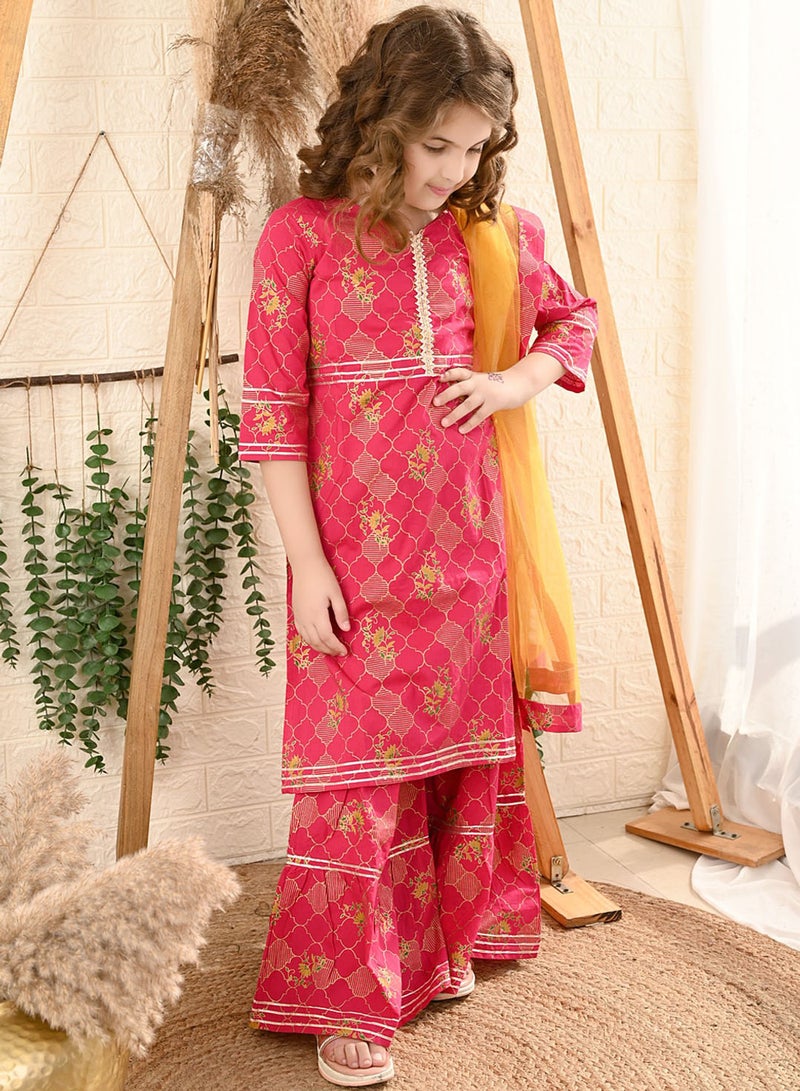 Bonkids Girls Pure Cotton Kurta with Trousers & With Dupatta - Image 1