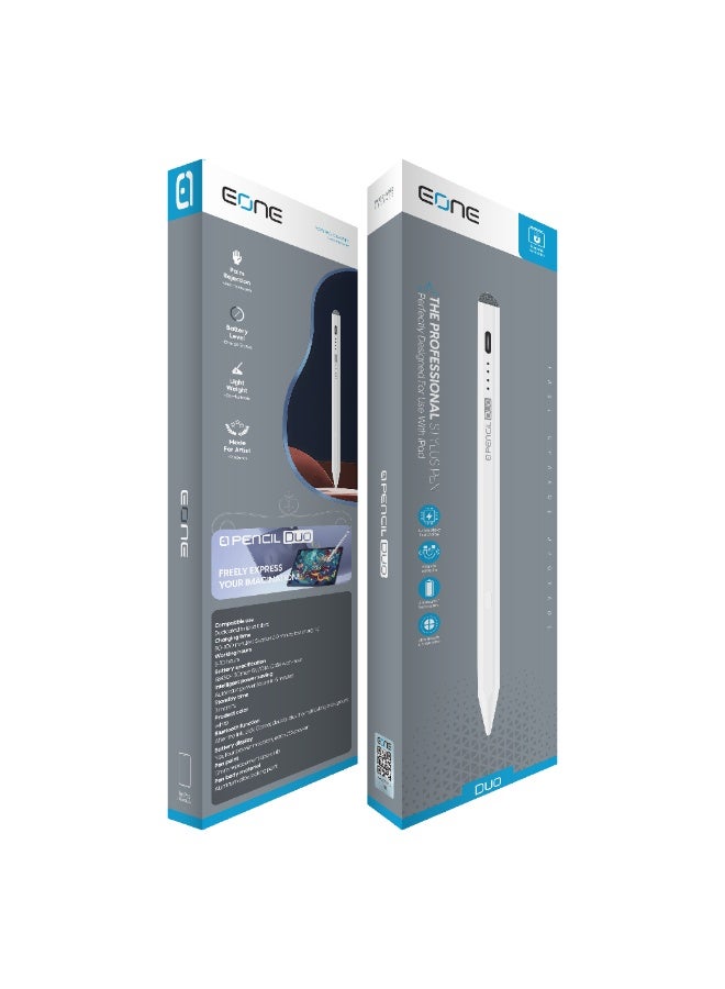 EONE Duo Smart Stylus for iPad, Fast USB-C Charging, Palm Rejection, Tilt Sensitivity, 11H Battery, Lightweight Aluminum Pencil for Drawing & Writing – White - Image 2