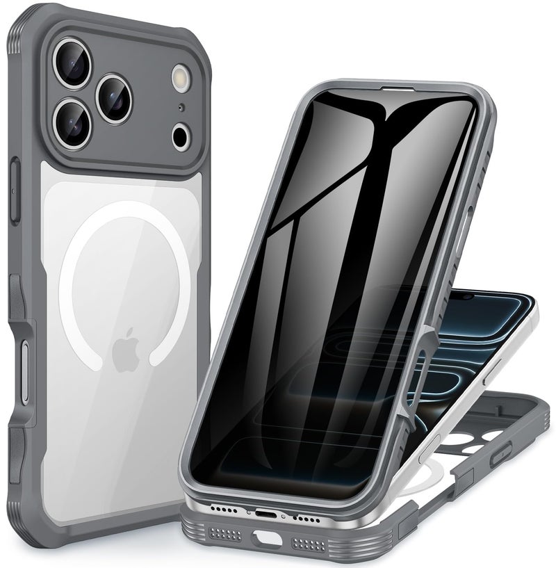 CENHUFO Magnetic Privacy for iPhone 17 Pro Max Case [Compatible with Magsafe] Full Body Phone Case Built-in 9H Tempered Glass Privacy Screen Protector, Camera Protection Shockproof Cover - Grey - Image 1