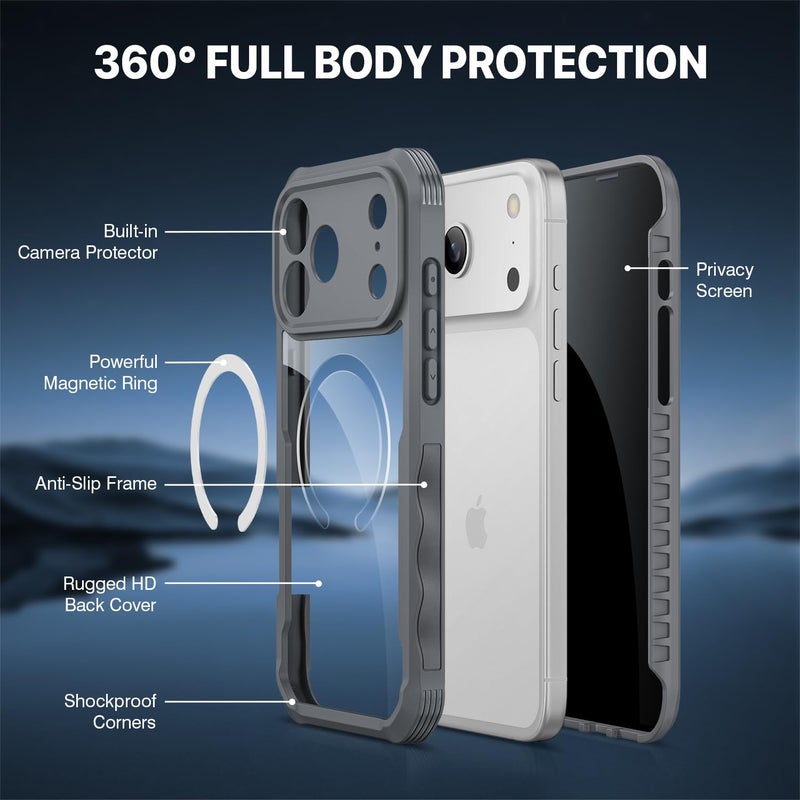 CENHUFO Magnetic Privacy for iPhone 17 Pro Max Case [Compatible with Magsafe] Full Body Phone Case Built-in 9H Tempered Glass Privacy Screen Protector, Camera Protection Shockproof Cover - Grey - Image 3