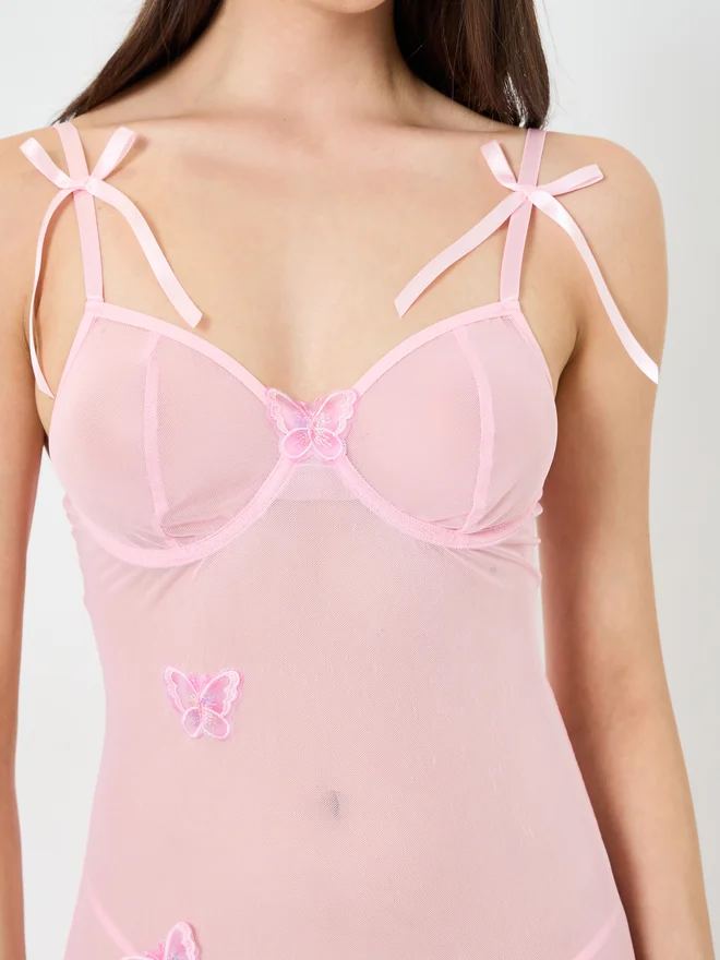 Styli pink Styli Pink Butterfly Patch Mesh Split Hem Babydoll with Brief for Women | Best Price UAE