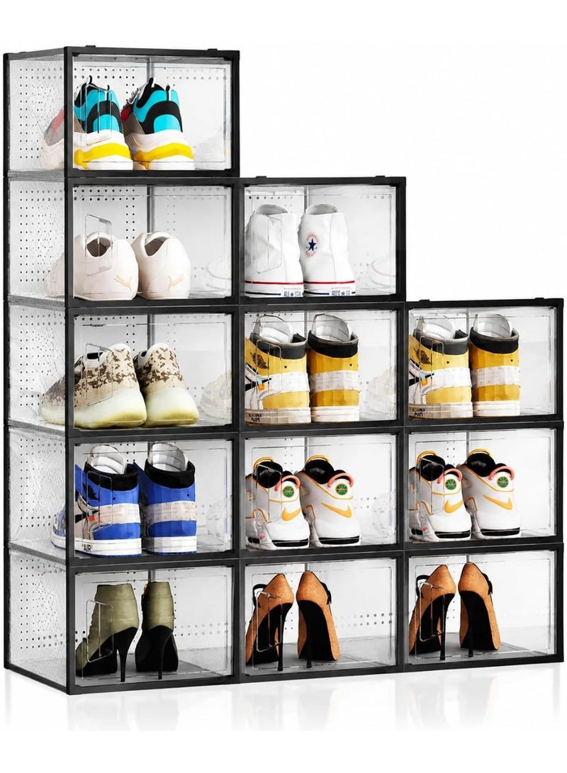 YOUWE7 Larger Shoe Storage Boxes Fit Size 11, Clear Plastic Stackable Shoe Organizer Sneaker Storage for Sneakerheads Shoe Containers,Toy Storage Bins for Entryway, Closet, Under Bed(12 Pack) (Black) - Image 1