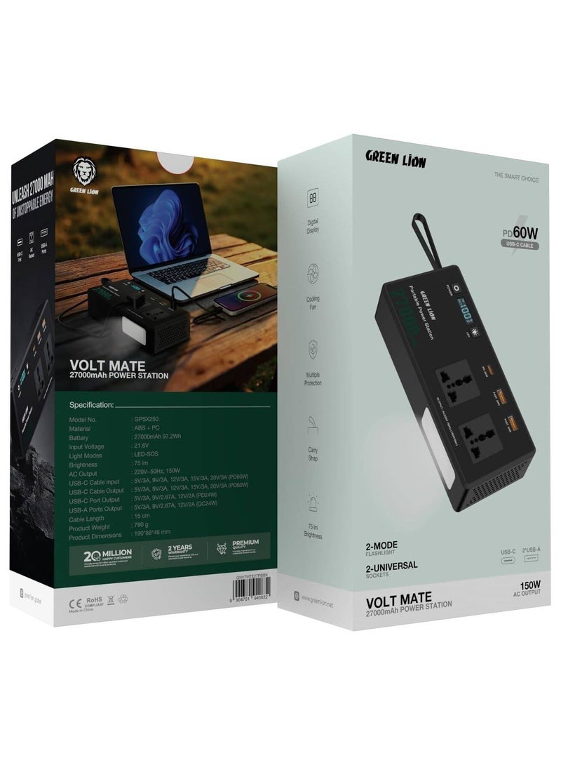 جرين ليون محطة طاقة Green Lion Volt Mate سعة 27000 مللي أمبير/ساعة، 60 واط، منفذا تيار متردد، منفذا USB-A/USB-C، كابل USB-C، مصباح يدوي ثنائي الوضع، سطوع 75 لومن، محطة طاقة لأجهزة متعددة، مروحة تبريد - Image 1