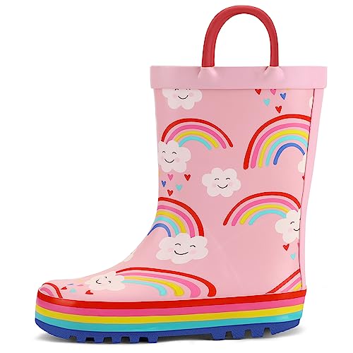 K KomForme Kids Rain Boots Waterproof Printed Rubber boots with Handles, Size 10 Toddler, Rainbow Cloud - Image 1
