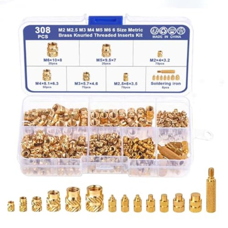 Pieces M2 M2.5 M3 M4 M5 M6 Threaded Inserts Assortment Kit for 3D Printing, Brass Knurled Nuts, Metric Heat Set Inserts for Plastic Components - Image 1
