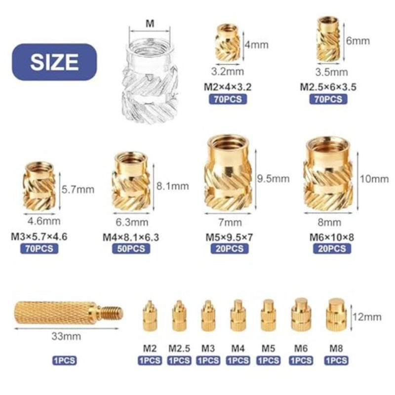 Pieces M2 M2.5 M3 M4 M5 M6 Threaded Inserts Assortment Kit for 3D Printing, Brass Knurled Nuts, Metric Heat Set Inserts for Plastic Components - Image 2