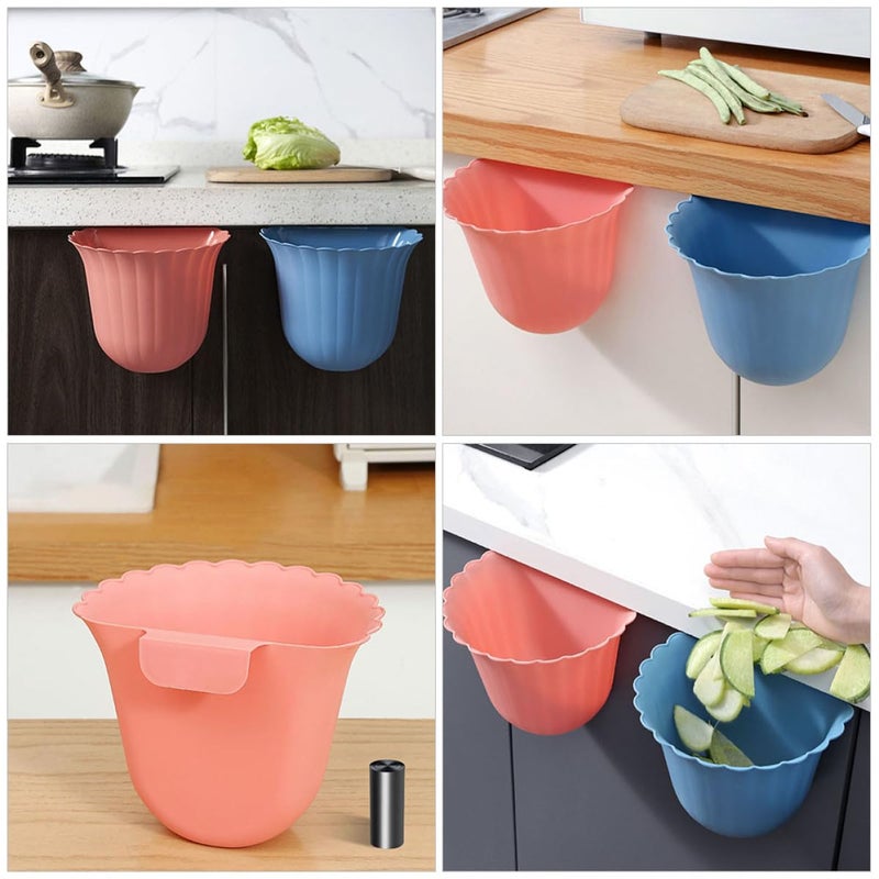 Wall-Mounted Flower Shape Kitchen Waste Bin 6pcs Small Hanging Trash Cans for Cupboard Door Home Cabinet Kitchen Compost Garbage Container Blue and Pink - Image 3