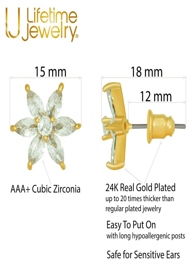 LIFETIME JEWELRY Cubic Zirconia Daylily Flower Stud Earrings 24k Real Gold Plated - Image 3