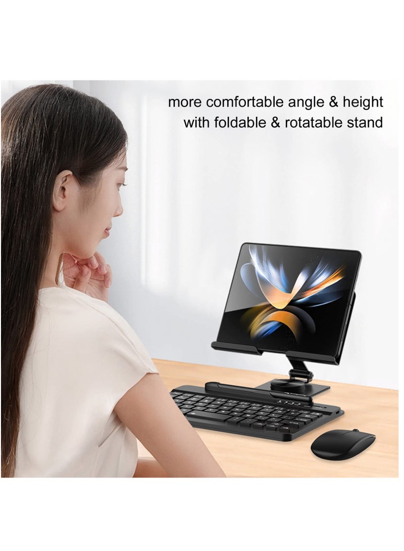 Compatible with Samsung Galaxy Z Fold 4/3/2, this set includes a Mini Wireless Bluetooth Keyboard, Mouse, Adjustable Phone Stand, Capacitive Pen, and S Pen Holder for easy portability - Black. - Image 4