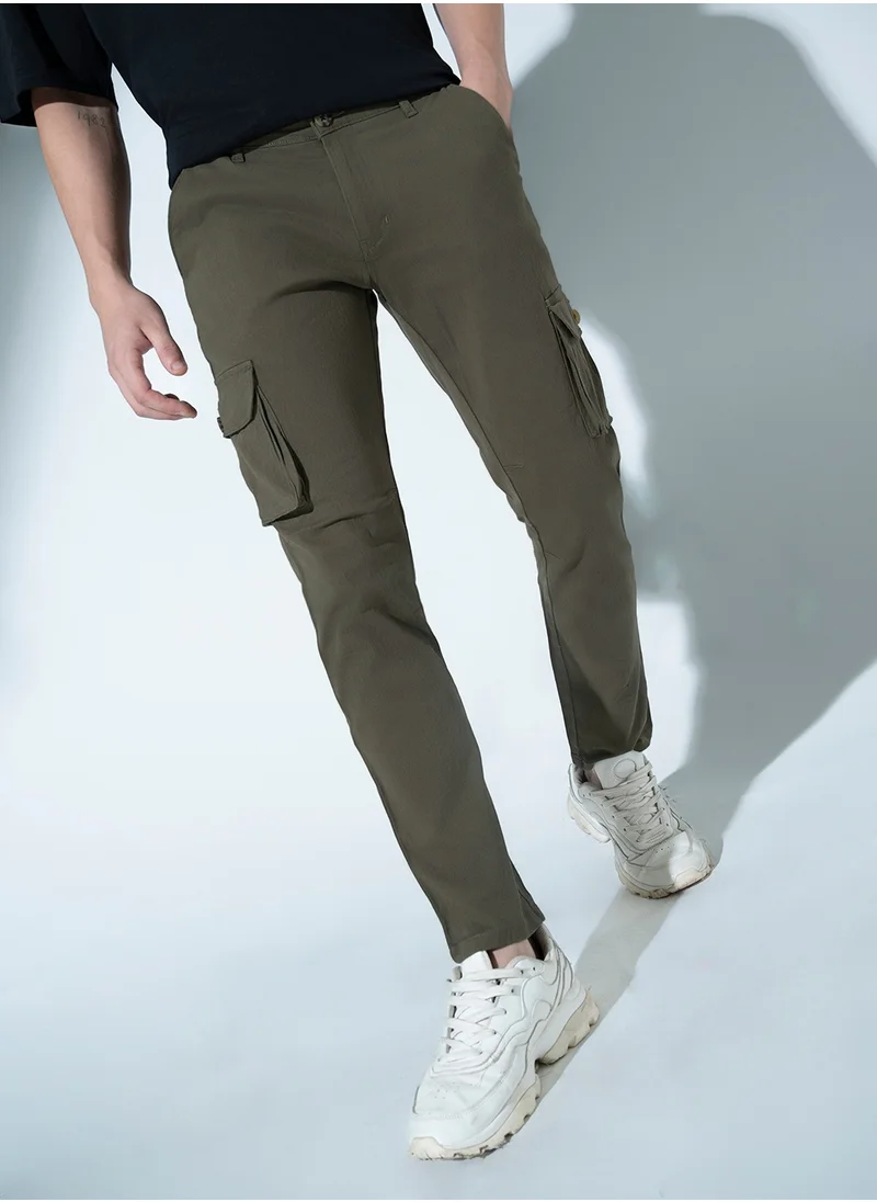 Hubberholme Men’s Slim Fit Olive Green Stretchable Cargo Trousers