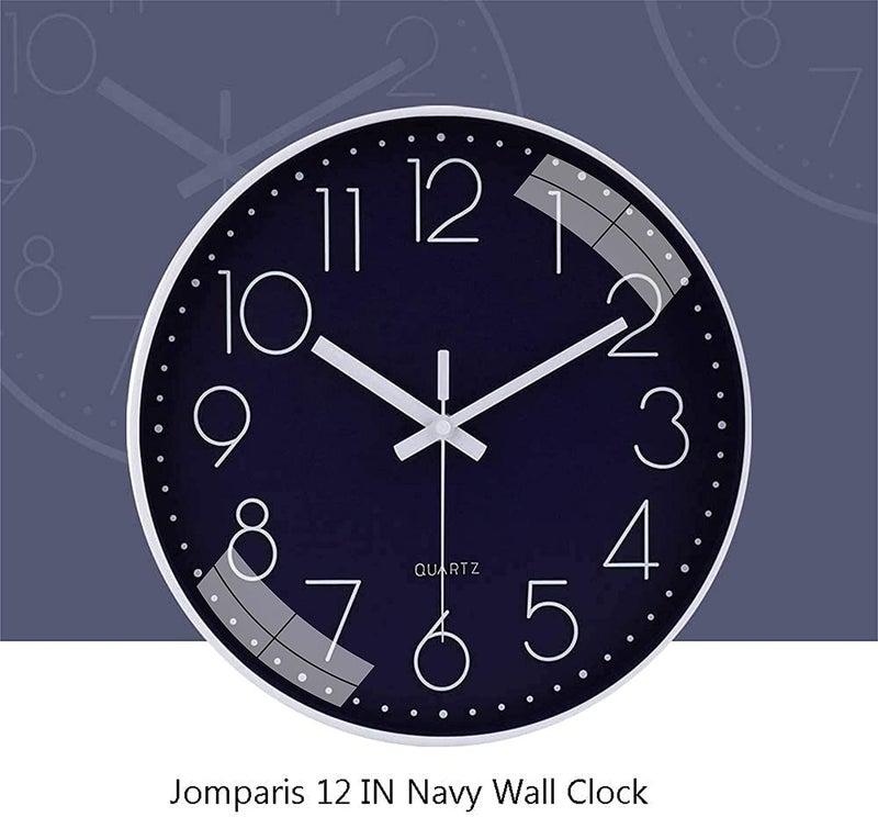 TEKCOOL ساعة حائط رقمية بلاستيكية 12" هادئة كوارتز زخرفية أحدث ساعة كلاسيكية تعمل بالبطارية دائرية سهلة القراءة لغرفة/منزل/مطبخ/غرفة نوم/مكتب/مدرسة - (أزرق داكن) - Image 2