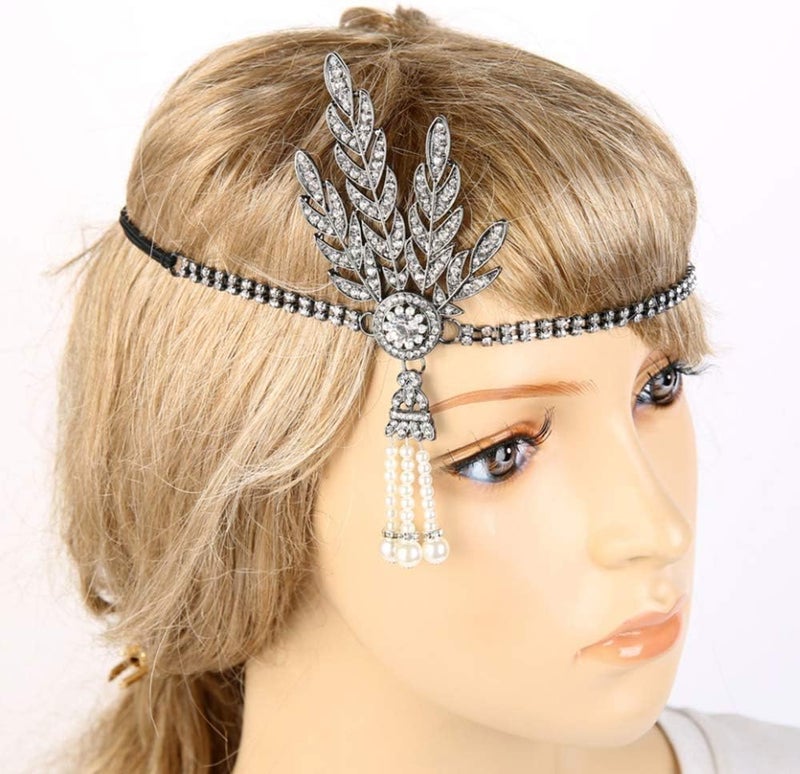 CBLUO 1920s Headband Leaf Rhinestone Hair Hoops Bands 20s Pearl Crystal Tassel Headpiece Hairband Head Chain Women Wedding Festival Halloween Parade Cosplay Dress Up Birthday Party Accessories Golden - Image 3