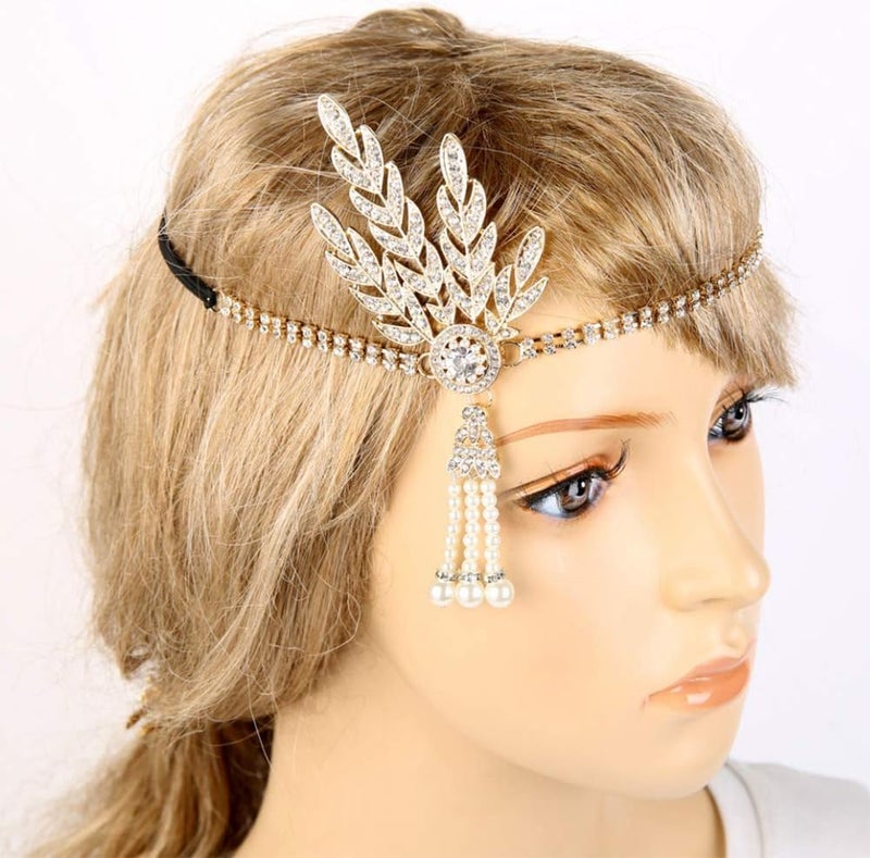 CBLUO 1920s Headband Leaf Rhinestone Hair Hoops Bands 20s Pearl Crystal Tassel Headpiece Hairband Head Chain Women Wedding Festival Halloween Parade Cosplay Dress Up Birthday Party Accessories Golden - Image 1