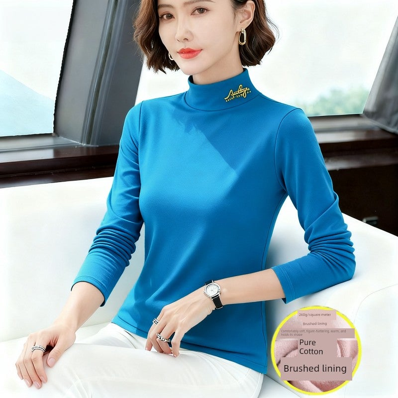 Pure cotton thickened half-turtleneck base shirt for women's spring, autumn and winter new style trendy slim-fit and slimming brushed long-sleeved t-shirt top - Image 2