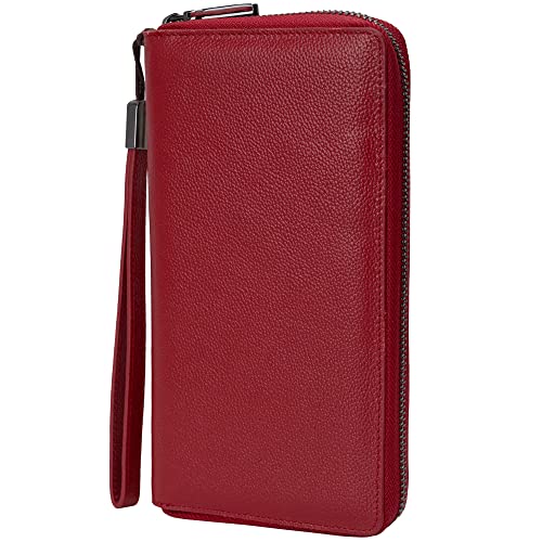 Bveyzi Women RFID Blocking Wallet Leather Zip Around Phone Clutch Large Capacity Ladies Travel Purse Wristlet (Wine Red) - Image 1