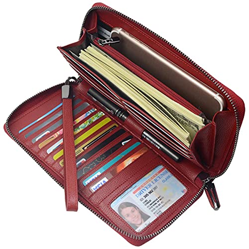 Bveyzi Women RFID Blocking Wallet Leather Zip Around Phone Clutch Large Capacity Ladies Travel Purse Wristlet (Wine Red) - Image 2