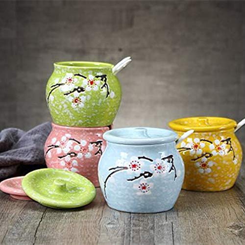 123Arts Ceramics Japanese Flower Sugar Bowl Seasoning Pot Salt Storage Jar with Lid Spoon - Image 5