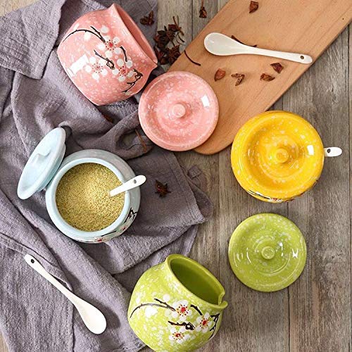 123Arts Ceramics Japanese Flower Sugar Bowl Seasoning Pot Salt Storage Jar with Lid Spoon - Image 4