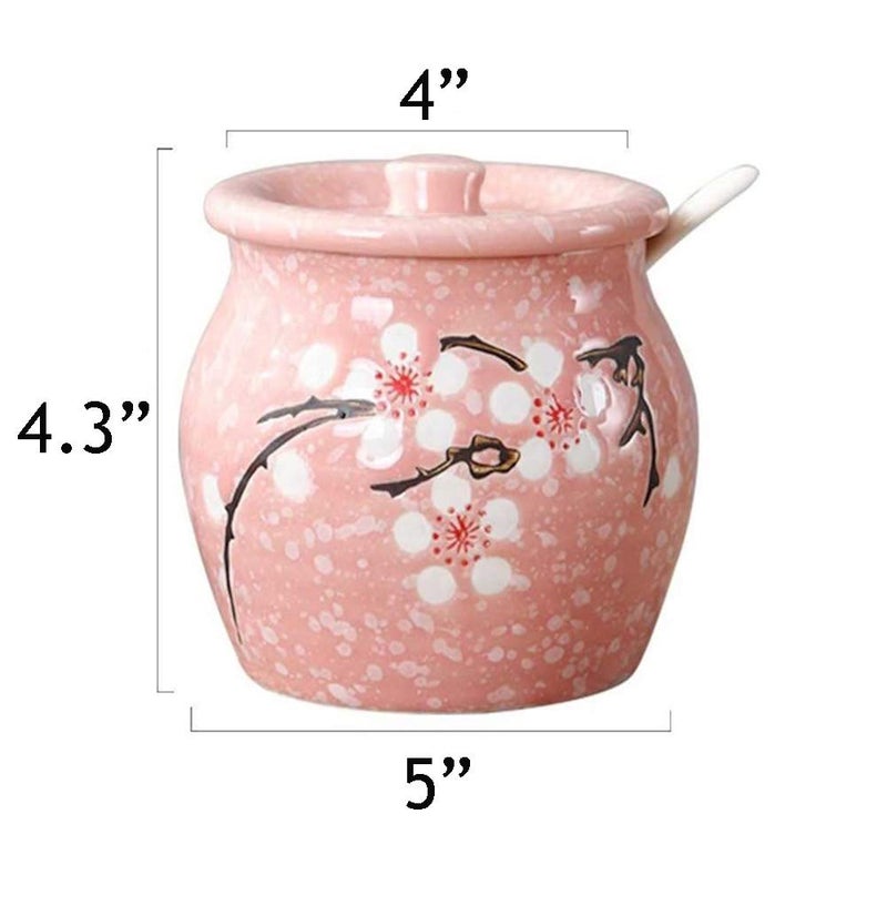 123Arts Ceramics Japanese Flower Sugar Bowl Seasoning Pot Salt Storage Jar with Lid Spoon - Image 2