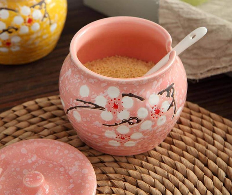 123Arts Ceramics Japanese Flower Sugar Bowl Seasoning Pot Salt Storage Jar with Lid Spoon - Image 3
