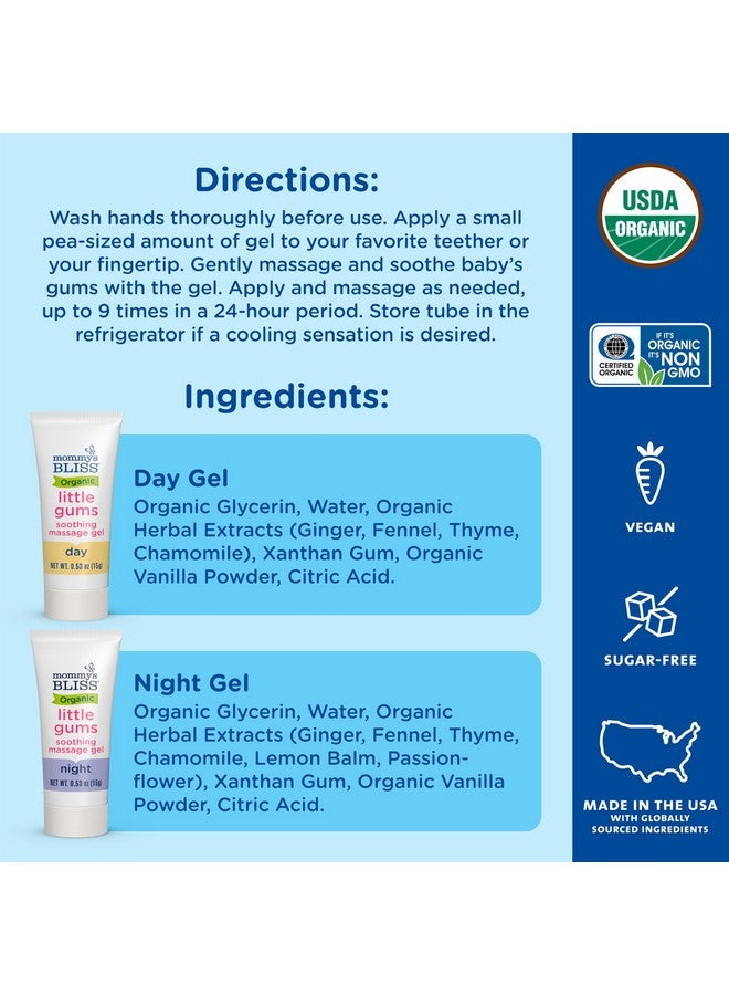 Mommy's Bliss Mommy's Bliss Organic Little Gums Soothing Massage Gel Day and Night Combo, Great for Teething Babies, Age 2 Months+, Sugar Free, Mild & Sweet Flavor, 2 - 0.53 Oz Tubes (Pack of 1)  - Image 4