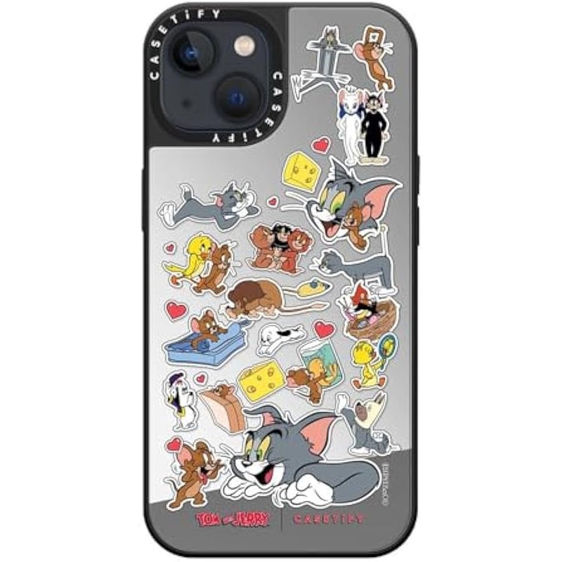Casetify Mirror Case for iPhone 13 【Tom and Jerry Colab/Reflective / 4.9ft Drop Protection/Compatible with Magsafe】 - Family Sticker - Silver on Black - Image 3