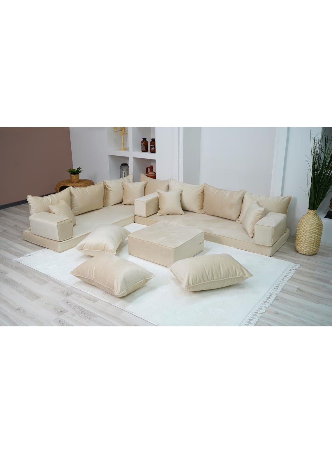 Modular Floor Sofa Set Beige Majlis Style Sectional Seating with Cushions and Ottoman, Low Profile Living Room Furniture