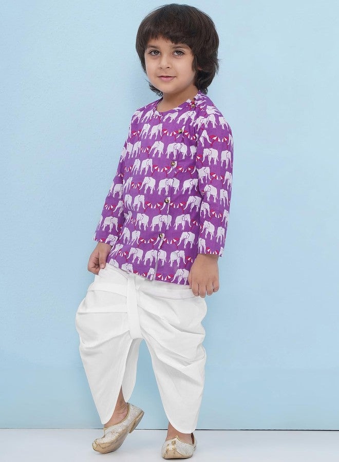 AJ DEZINES Kids Ethnic Wear Purple Pure Cotton Full sleeves Elephant Print Dhoti Set for Boys (1947-PURPLE-4) - Image 4