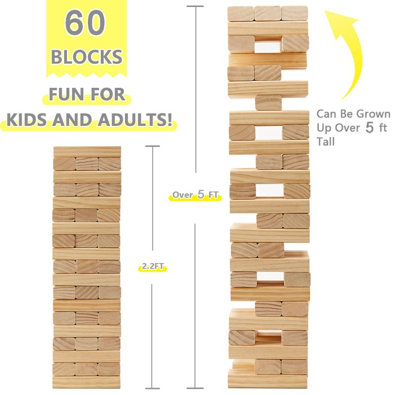 GOROCK Giant Tumble Tower Games60 Pcs Wooden Block Up to 5FT Stacking Game with Dice Scoreboard and Carry Bag Christmas Birthday Gift for Family Outdoor Indoor Party Camping Beach Lawn Games - Image 3