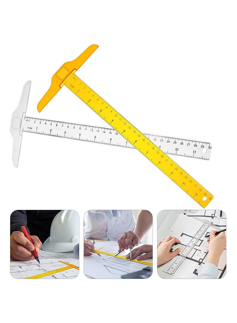 SYOSI Plastic Transparent Ruler, 2Pcs T Square Ruler for Drafting Tools and General Layout Work Architect Ruler Architectural Triangle Tee Ruler 30CM - Image 1