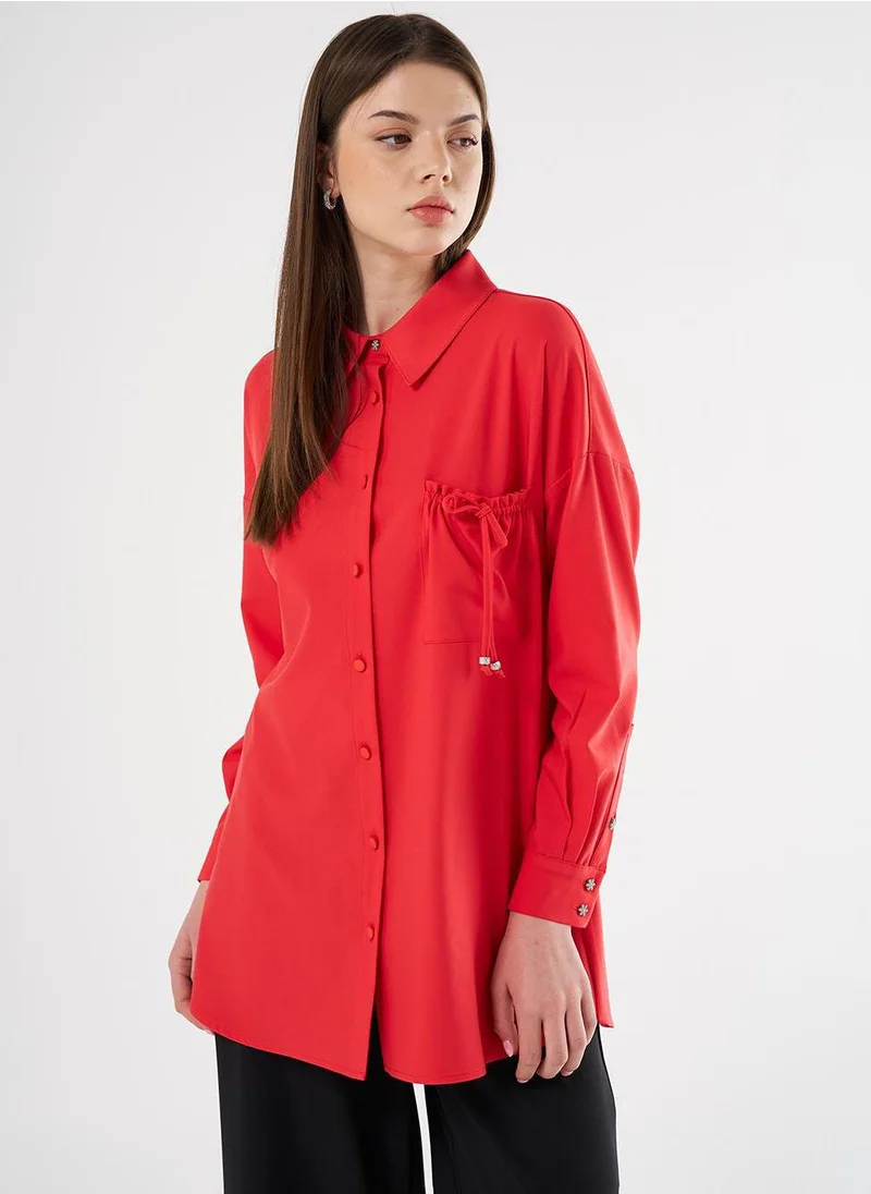 Kayra Lace-Up Back Shirt Collar Tunic, Red