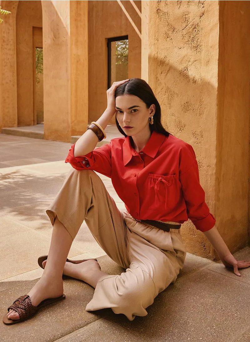 Kayra Lace-Up Back Shirt Collar Tunic, Red