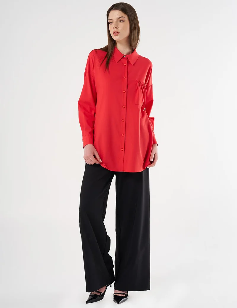 Kayra Lace-Up Back Shirt Collar Tunic, Red