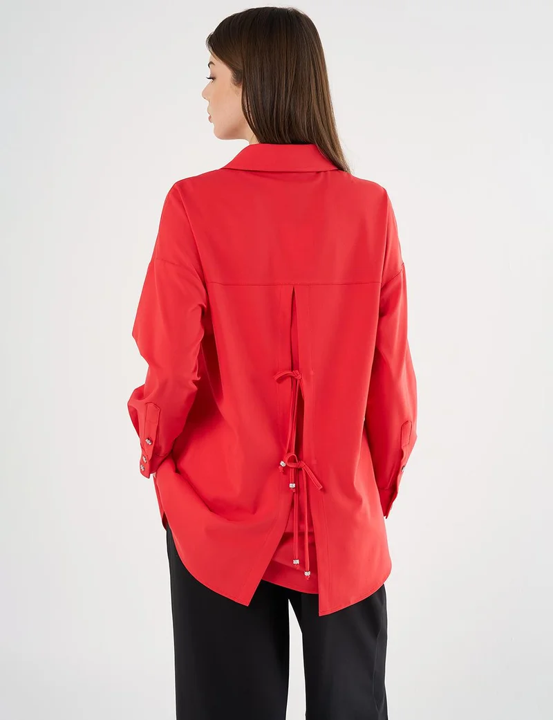 Kayra Lace-Up Back Shirt Collar Tunic, Red