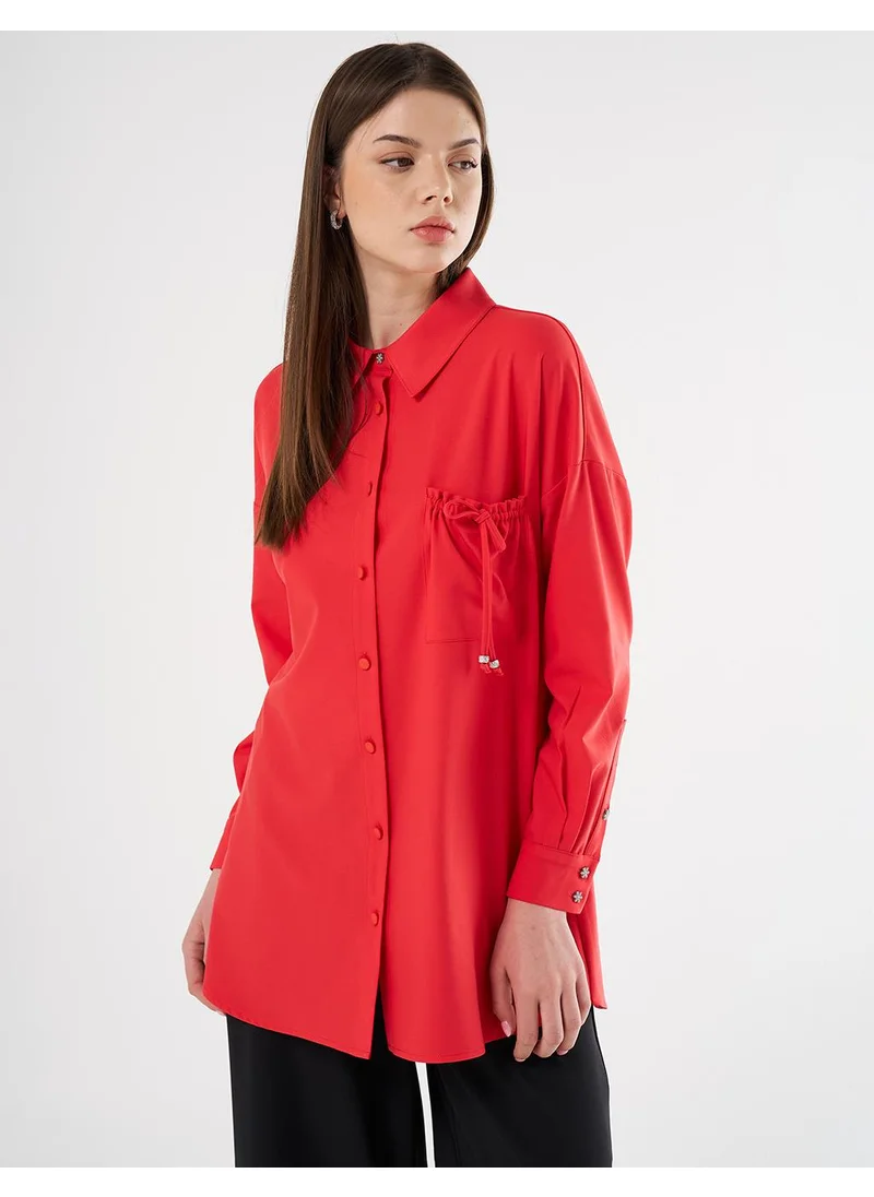 Kayra Lace-Up Back Shirt Collar Tunic, Red